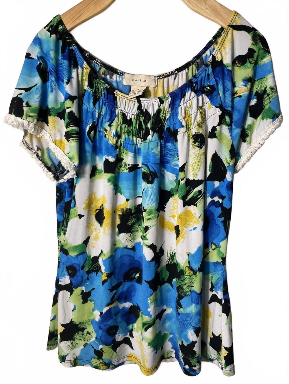 Diana Belle Blouse Top Womens Size Small Blue Off Shoulder Floral Romantic